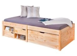 Lit 3 Tiroirs 2 Niches Pin Massif Clair Mura 90x200 Cm