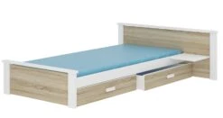 Lit Bois Pin Blanc Et Bois Sonoma 90x200 Cm Avec 1 Chevet Et 2 Tiroirs De Rangement Lydia