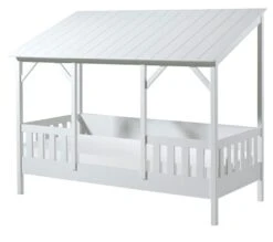 Lit Cabane 90x200 Cm Avec Matelas Et Sommier Pin Massif Toit Blanc Mila