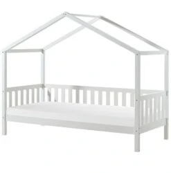 Lit Cabane 90x200 Cm Avec Matelas Pin Massif Blanc Bali
