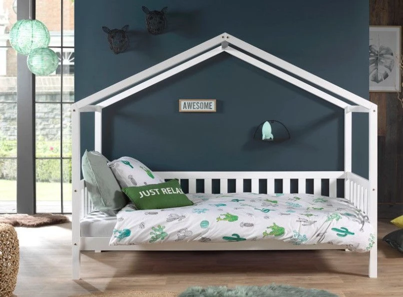 Lit Cabane 90x200 Cm Avec Matelas Pin Massif Blanc Bali – Image 2