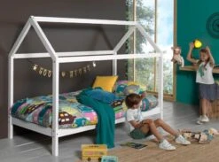 Lit Cabane 90x200 Cm Avec Matelas Pin Massif Blanc Kali