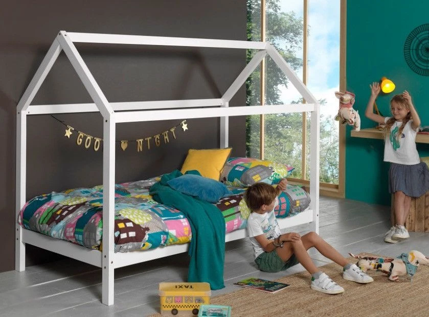 Lit Cabane 90x200 Cm Et Sommier Pin Massif Blanc Kali – Image 2