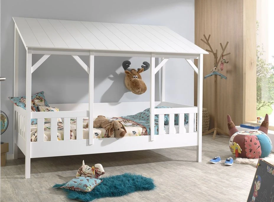 Lit Cabane 90x200 Cm Et Sommier Pin Massif Toit Blanc Mila – Image 3