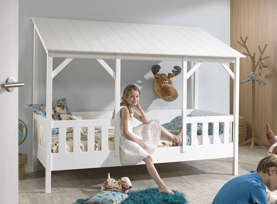 Lit Cabane 90x200 Cm Et Sommier Pin Massif Toit Blanc Mila – Image 4