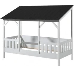 Lit Cabane 90x200 Cm Pin Massif Blanc Toit Noir Mila