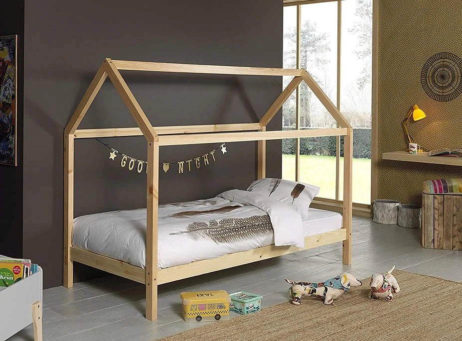 Lit Cabane 90x200 Cm Et Sommier Pin Massif Clair Kali – Image 2