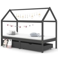 Lit Cabane Enfant Avec Tiroirs Gris Foncé Pin 90x200 Cm