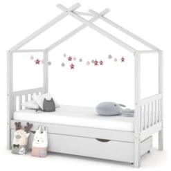 Lit Cabane Enfant Avec Un Tiroir Blanc Pin Massif 80x160 Cm 2