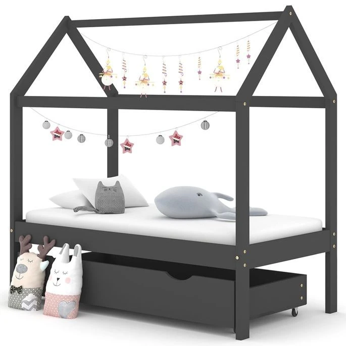 Lit Cabane Enfant Avec Un Tiroir Gris Foncé Pin 70x140 Cm