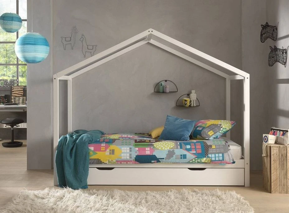 Lit Cabane Gigogne 90x200 Cm Pin Massif Blanc Kobi