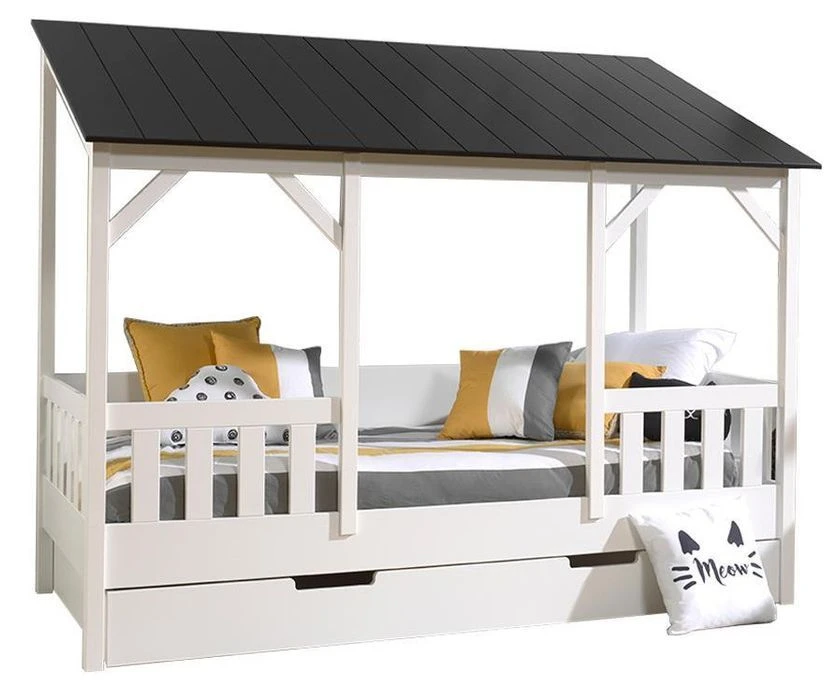 Lit Cabane Gigogne 90x200 Cm Pin Massif Blanc Toit Noir Henri
