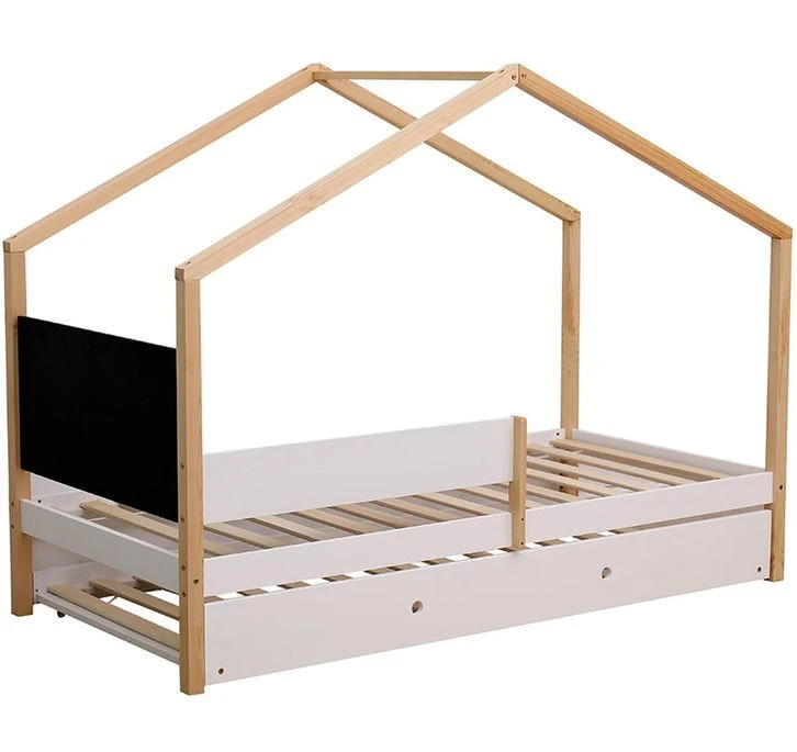Lit Cabane Gigogne Avec Ardoise Pin Massif Clair Et Blanc Woody 90x190 Cm