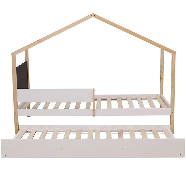 Lit Cabane Gigogne Avec Ardoise Pin Massif Clair Et Blanc Woody 90x190 Cm – Image 3