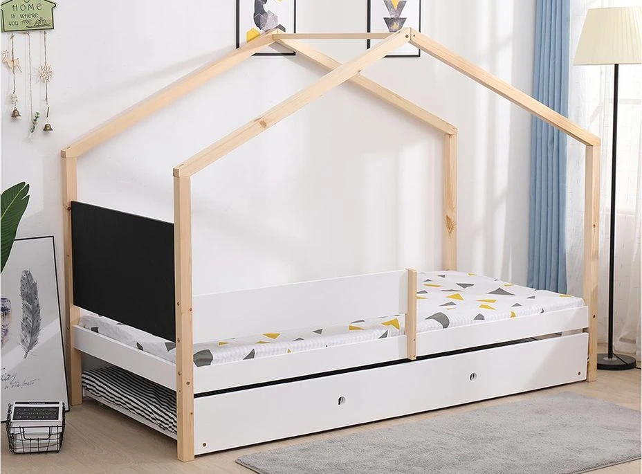 Lit Cabane Gigogne Avec Ardoise Pin Massif Clair Et Blanc Woody 90x190 Cm – Image 5