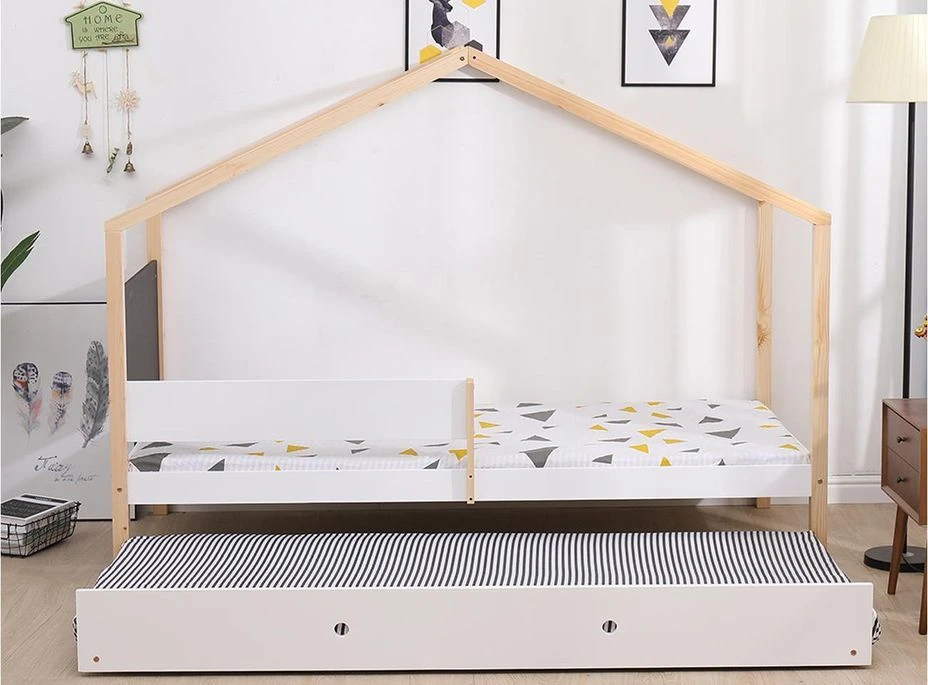 Lit Cabane Gigogne Avec Ardoise Pin Massif Clair Et Blanc Woody 90x190 Cm – Image 6