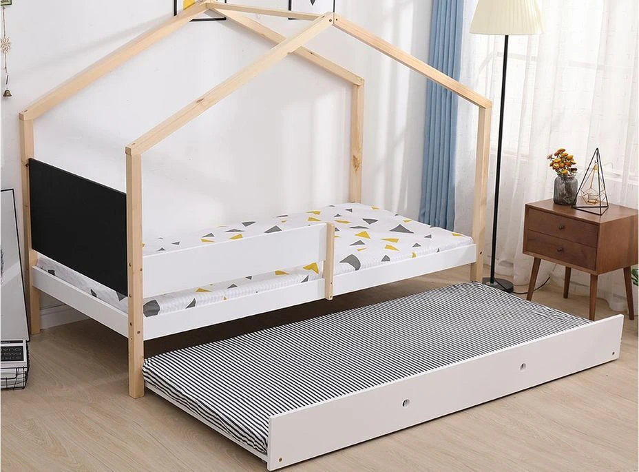 Lit Cabane Gigogne Avec Ardoise Pin Massif Clair Et Blanc Woody 90x190 Cm – Image 7