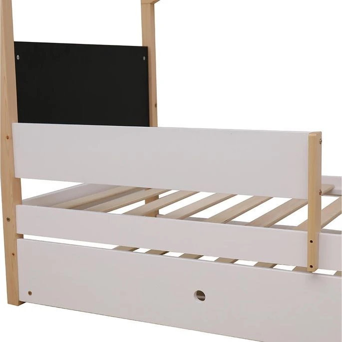 Lit Cabane Gigogne Avec Ardoise Pin Massif Clair Et Blanc Woody 90x190 Cm – Image 11