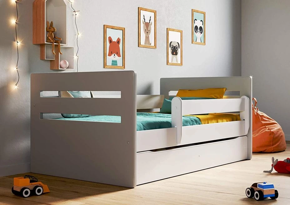 Lit Enfant Avec Barrière De Sécurité Amovible Blanc Et Gris Moly