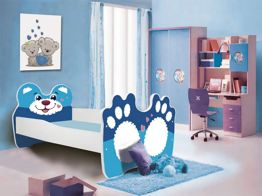 Lit Enfant Avec Motif Petit Lion Bleu 70x140 Ou 80x160 Cm - Matelas Inclus - Tiroir De Rangement – Image 3