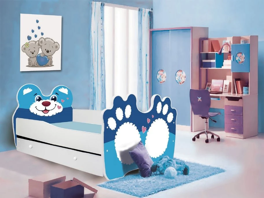 Lit Enfant Avec Motif Petit Lion Bleu 70x140 Ou 80x160 Cm - Matelas Inclus - Tiroir De Rangement – Image 4