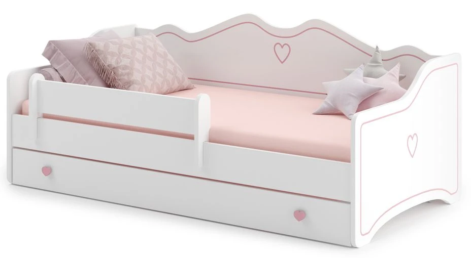 Lit Enfant Avec Tiroirs De Rangement Bois Blanc 80x160 Cm Petit Coeur Rose Kelly