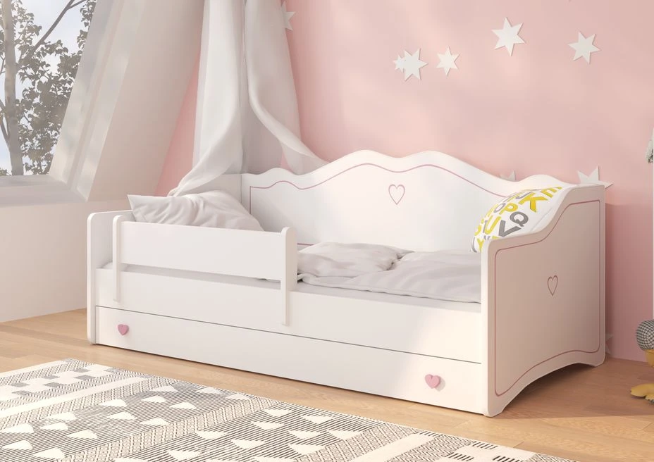 Lit Enfant Avec Tiroirs De Rangement Bois Blanc 80x160 Cm Petit Coeur Rose Kelly – Image 2