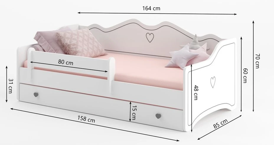 Lit Enfant Avec Tiroirs De Rangement Bois Blanc 80x160 Cm Petit Coeur Rose Kelly – Image 5