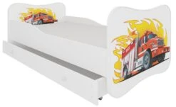 Lit Enfant Bois Blanc à Tiroirs Avec Imprimé Camion De Pompier 70x140 Ou 80x160 Cm - Sommier Et Matelas Inclus - Ondula