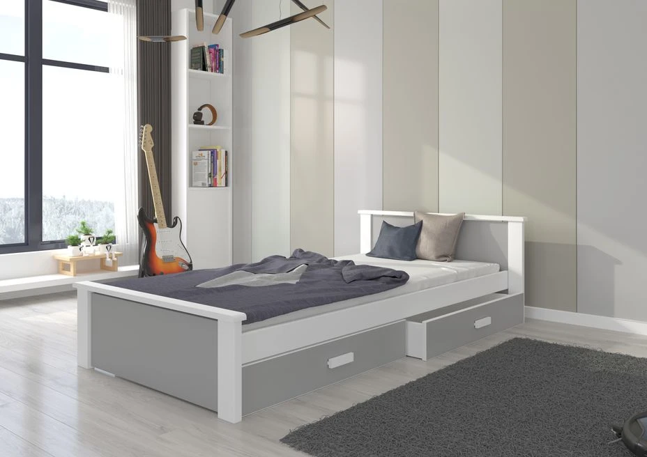 Lit Enfant Bois Pin Blanc Et Gris Clair 90x200 Cm Avec 2 Tiroirs De Rangement Lydia – Image 2