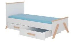 Lit Enfant Bois Pin Naturel Et Blanc 90x200 Cm Avec 2 Tiroirs De Rangement Kandou
