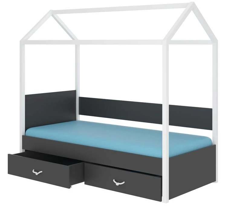 Lit Enfant Cabane Bois Pin Blanc Et Gris Graphite 90x200 Cm Avec 2 Tiroirs De Rangement Forka