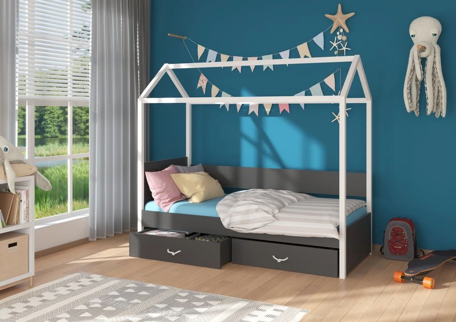 Lit Enfant Cabane Bois Pin Blanc Et Gris Graphite 90x200 Cm Avec 2 Tiroirs De Rangement Forka – Image 2