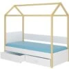 Lit Enfant Cabane Bois Pin Naturel Et Bois Blanc 90x200 Cm Avec 2 Tiroirs De Rangement Forka