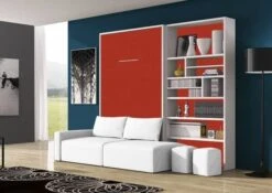 Lit Escamotable 160x200 Cm Avec Canapé Coffre Tissu Et Bibliothèque Moba