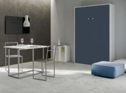 Lit Escamotable Vertical Frêne Blanc Et Porte Bleu Kanto 140x190 Cm
