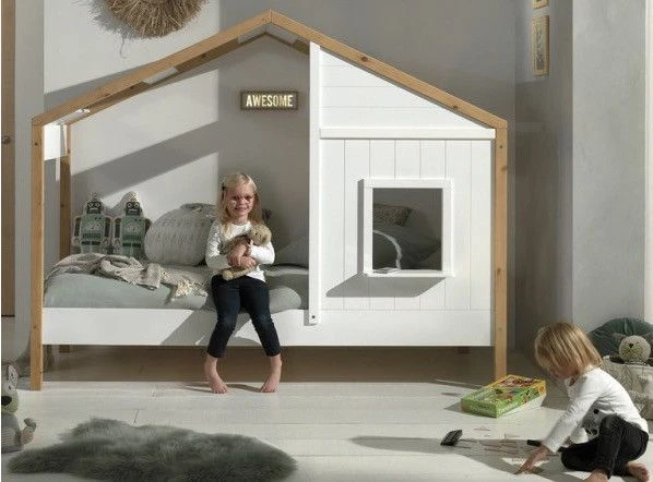 Lit Maisonnette 90x200 Cm 1 FenĂȘtre Bois Clair Et Blanc Babs â Image 3