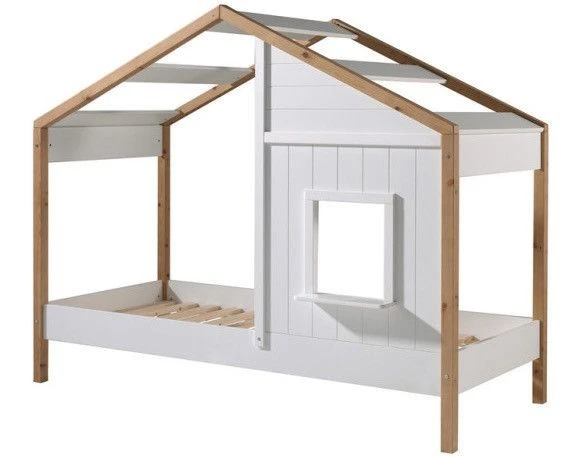 Lit Maisonnette 90x200 Cm 1 FenĂȘtre Bois Clair Et Blanc Babs â Image 2