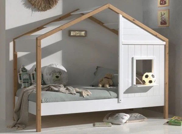 Lit Maisonnette 90x200 Cm 1 FenĂȘtre Bois Clair Et Blanc Babs â Image 4