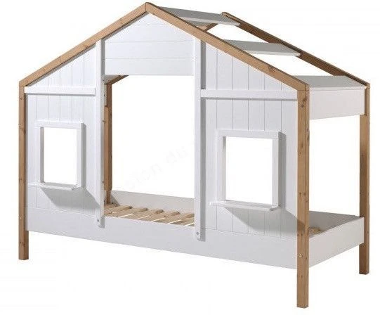 Lit Maisonnette Gigogne 90x200 Cm 2 FenĂȘtres Bois Clair Et Blanc Babs â Image 3