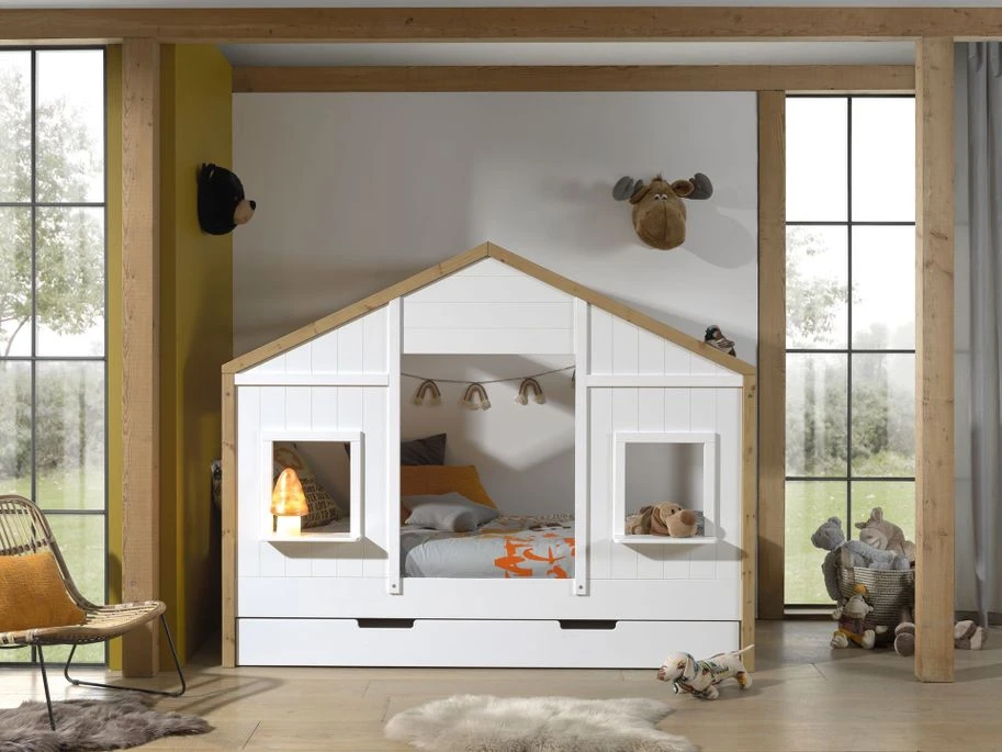 Lit Maisonnette Gigogne 90x200 Cm 2 FenĂȘtres Bois Clair Et Blanc Babs â Image 2