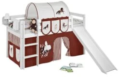 Lit Mezzanine Blanc Avec Toboggan Et Rideau Beige Et Marron Chevaux 90x190 Cm