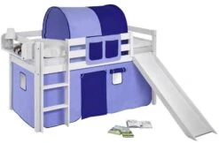 Lit Mezzanine Blanc Avec Toboggan Et Rideau Bleu Clair Et Bleu Foncé 90x190 Cm