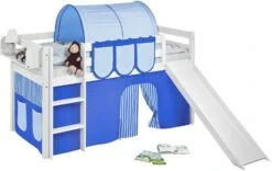 Lit Mezzanine Blanc Avec Toboggan Et Rideau Bleu Dorie 90x190 Cm