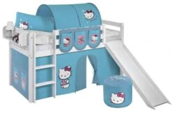 Lit Mezzanine Blanc Avec Toboggan Et Rideau Bleu Hello Kitty 90x190 Cm