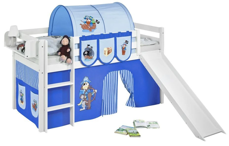Lit Mezzanine Blanc Avec Toboggan Et Rideau Bleu Pirate 90x190 Cm