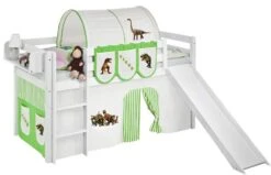 Lit Mezzanine Blanc Avec Toboggan Et Rideau Dinosaures Vert Et Beige 90x200 Cm