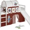 Lit Mezzanine Blanc Avec Toboggan Et Rideau Marron Pirate 90x190 Cm