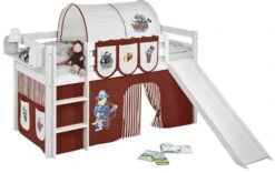 Lit Mezzanine Blanc Avec Toboggan Et Rideau Marron Pirate 90x190 Cm
