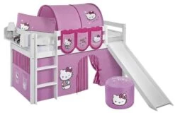 Lit Mezzanine Blanc Avec Toboggan Et Rideau Rose Hello Kitty 90x190 Cm